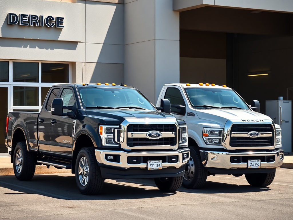 Two diesel pickup trucks parked side by side outside a dealership service center, one newer and one older model