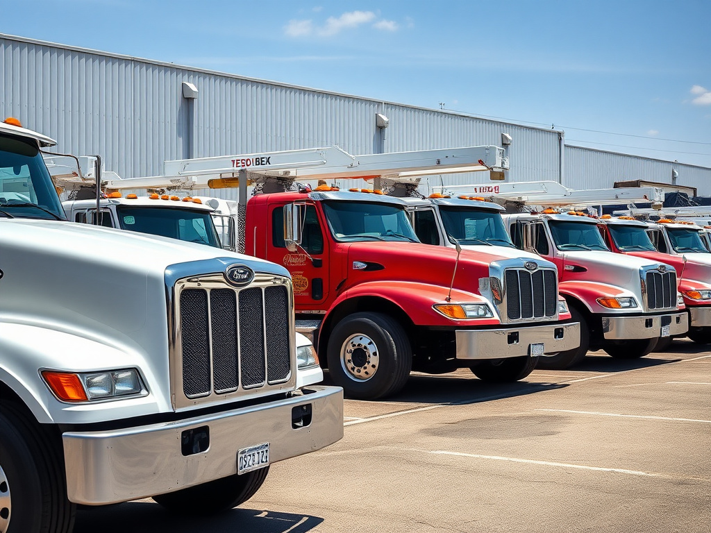 Lineup of commercial diesel work trucks parked in a fleet yard