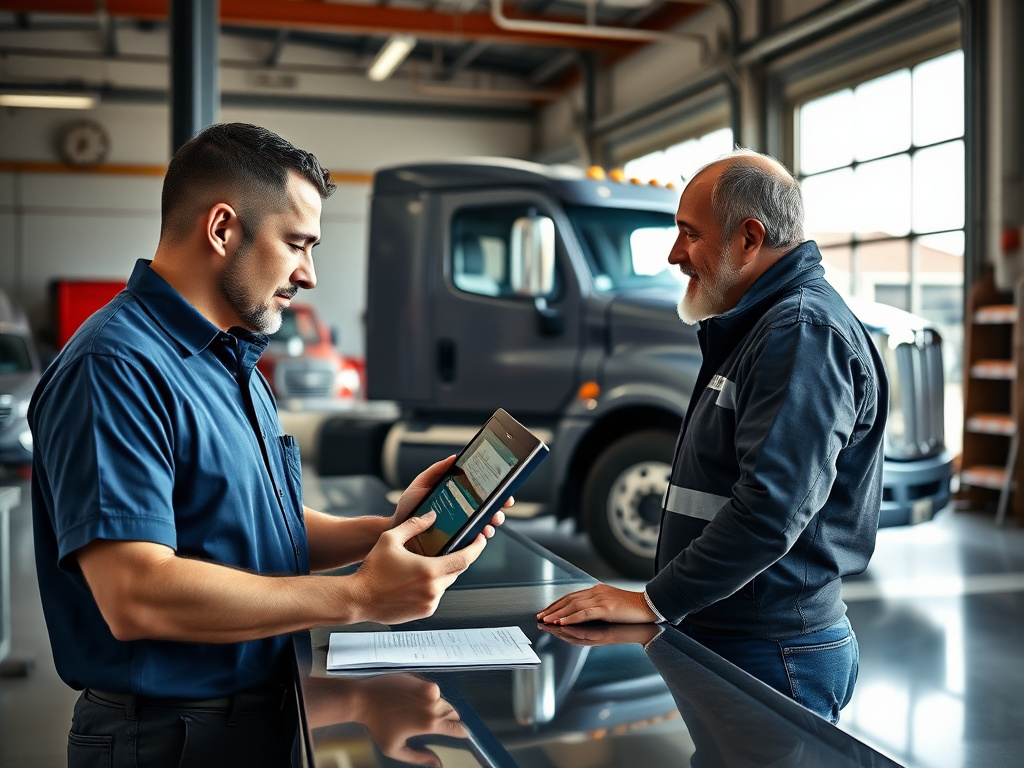 Service advisor showing a tablet screen to a truck owner customer at a service counter