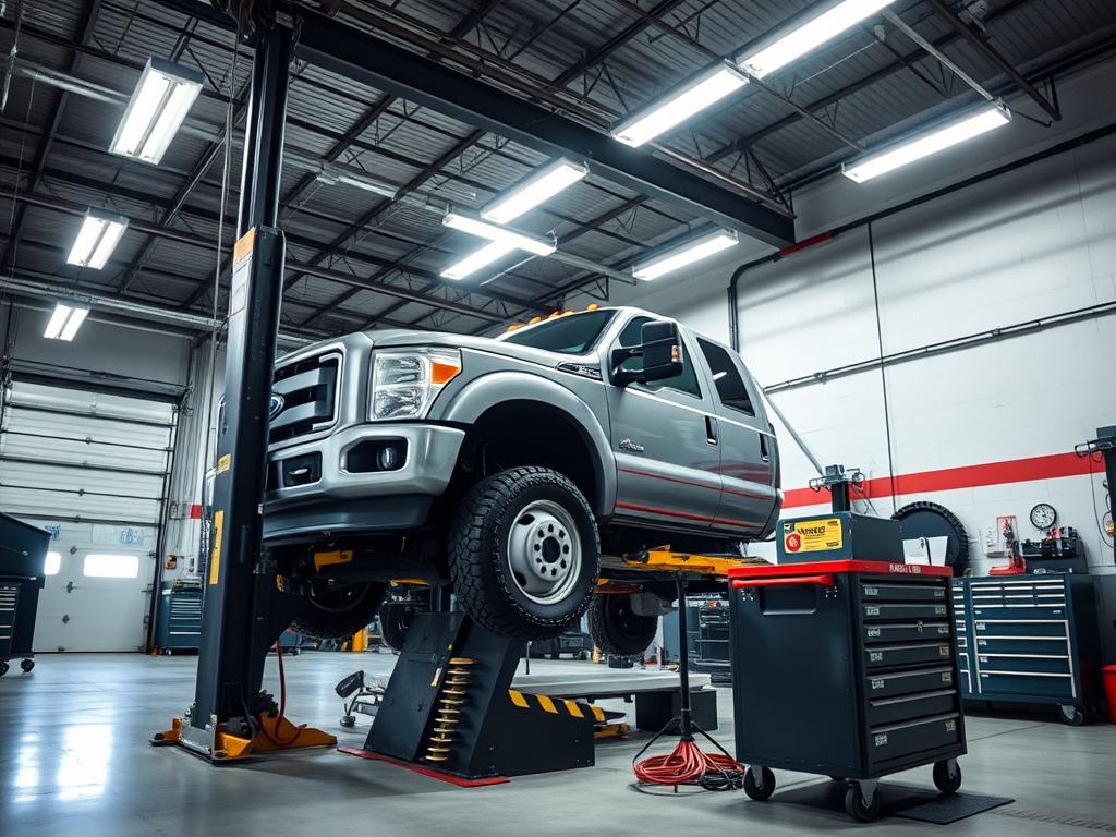 Diesel truck repair shop service bay interior with a pickup truck raised on a lift