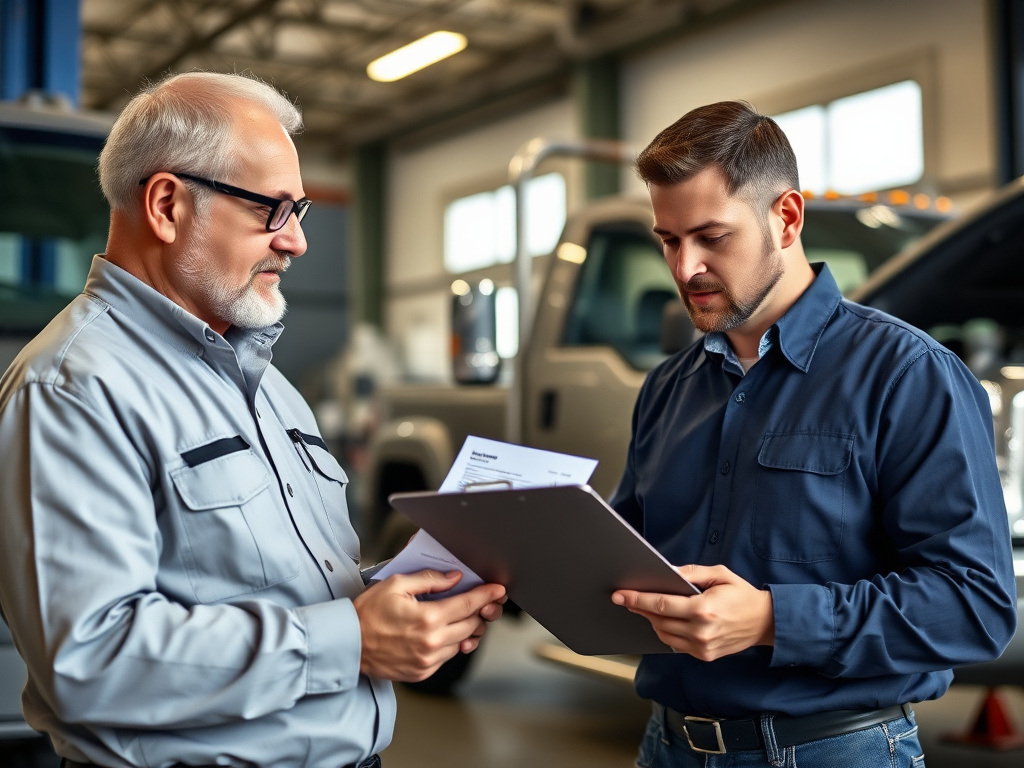 Service advisor holding a clipboard and reviewing a repair estimate next to a diesel pickup truck