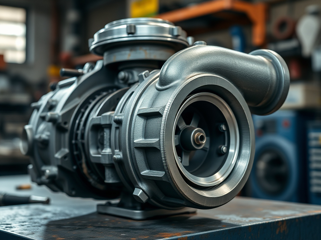 Close-up of a diesel truck turbocharger unit removed and sitting on a repair shop workbench